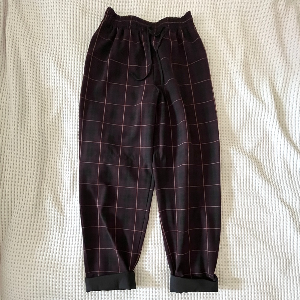 Aritzia Wilfred Soleste pant plaid burgundy/black/coral S